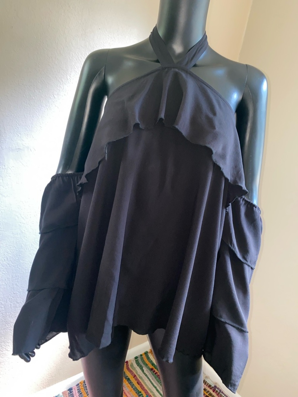 libby. edelman Black Halter Cold-Shoulder Ruffle Top
